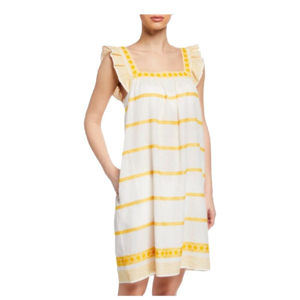 Tory Burch Women’s Sleeveless Dress, Yellow And White, M, Embroidered w Ruffle